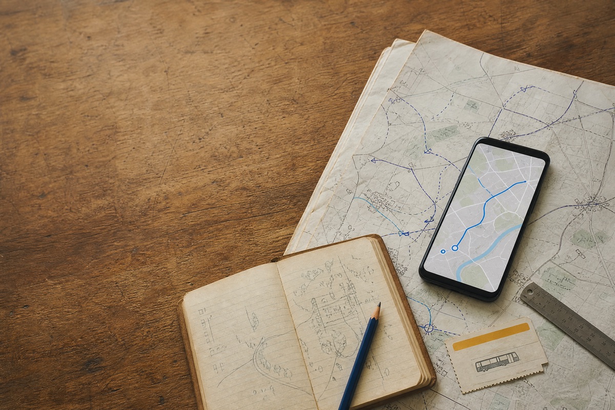 A notebook and local route sketches on a table