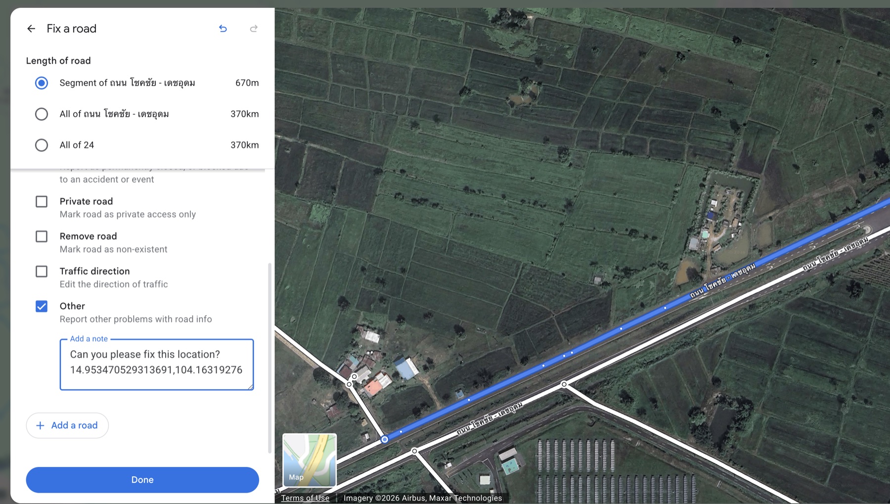 Google Maps road-editing panel with an example repair prompt and coordinates