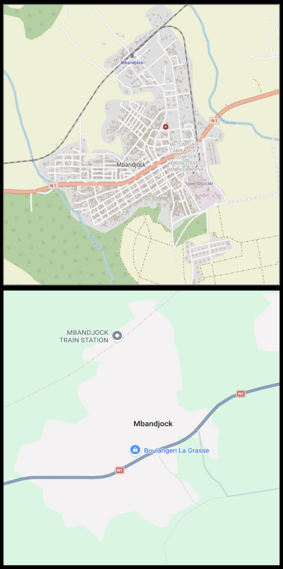 Comparison of detailed and incomplete map coverage for Mbandjock, Cameroon